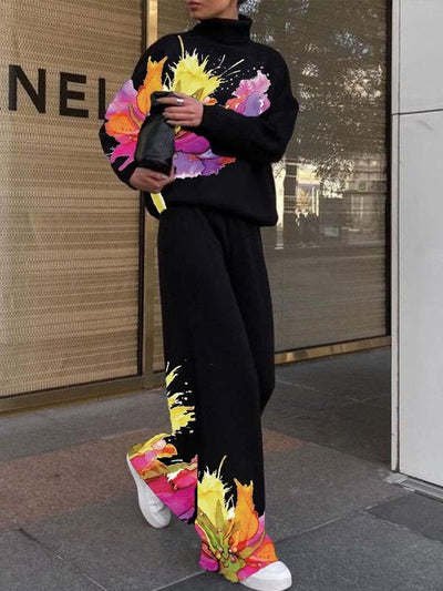 Long Sleeves Loose Flower Print Split-Joint High Neck Sweatshirt Tops