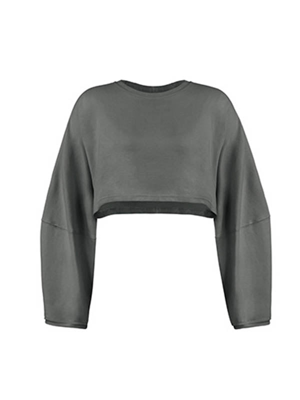 Long Sleeves Loose Solid Color Split-Joint Round-Neck Sweatshirt Tops