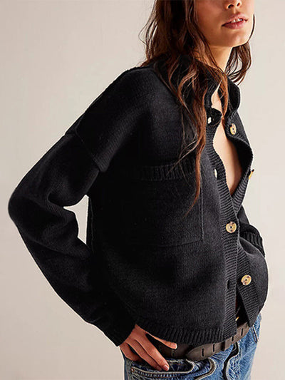 Long Sleeves Loose Buttoned Pockets Solid Color Split-Joint Stand Collar Cardigan Tops