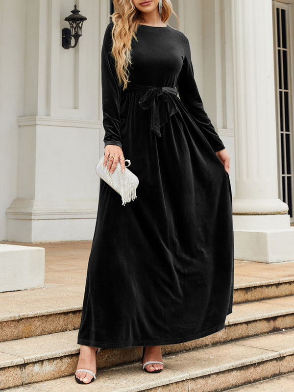 Long Sleeves Wrap Belted Pleated Solid Color Zipper Round-Neck Maxi Dresses