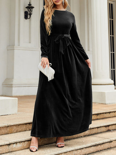Long Sleeves Wrap Belted Pleated Solid Color Zipper Round-Neck Maxi Dresses