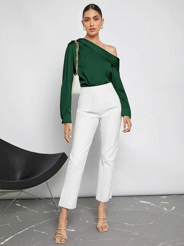 Long Sleeves Skinny Pleated Solid Color Split-Joint One-Shoulder Blouses&Shirts Tops