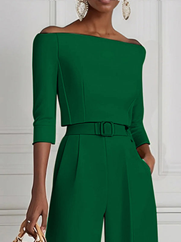 Half Sleeves Solid Color Split-Joint Off-The-Shoulder T-Shirts Tops