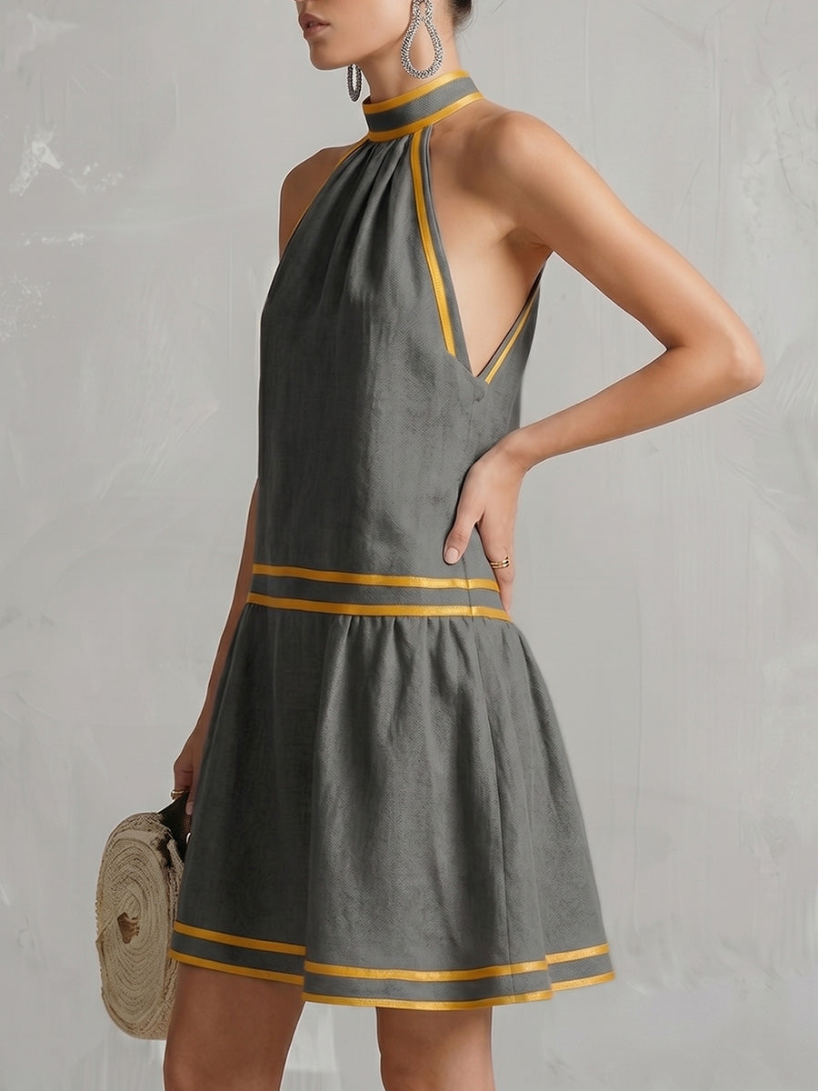 A-Line Sleeveless Contrast Color Pockets Zipper Halter-Neck Mini Dresses
