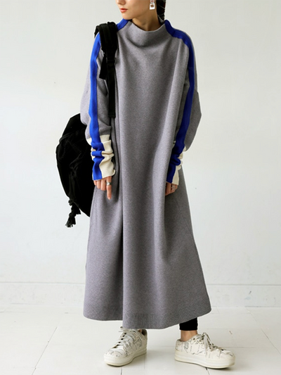 Long Sleeves Loose Contrast Color Stand Collar Maxi Dresses
