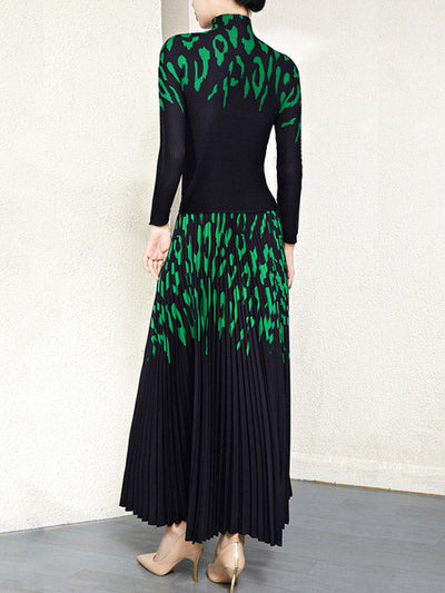 Long Sleeves Printed Mock Neck T-Shirt Top + Pleated A-Line Skirts Bottom Two Pieces Set