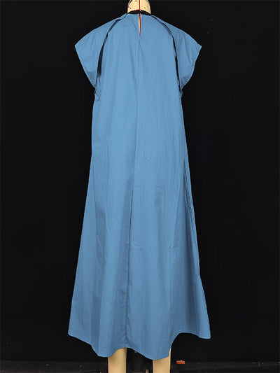 A-Line Loose Pleated Tied Round-Neck Midi Dresses