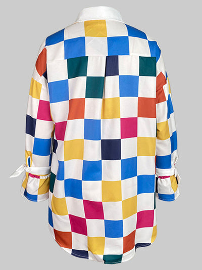 Long Sleeves Loose Buttoned Contrast Color Plaid Tied Stand Collar Blouses&Shirts Tops