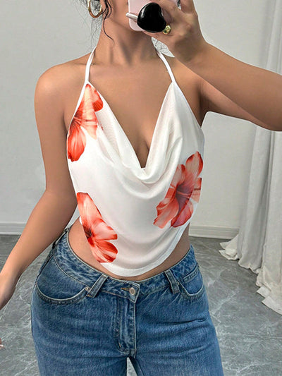 Sleeveless Flower Print Halter-Neck Vest Top