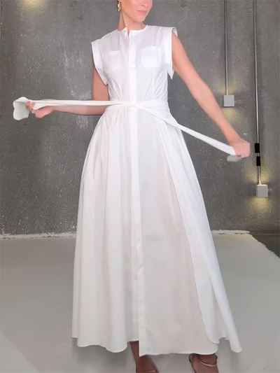 Cap Sleeve Loose Buttoned Solid Color Split-Side Tied Waist Maxi Dresses Shirt Dress