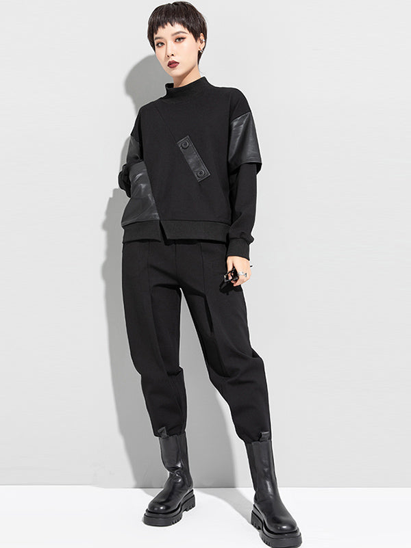 Thicken PU Split-Joint False-Two Asymmetric Sweatshirt