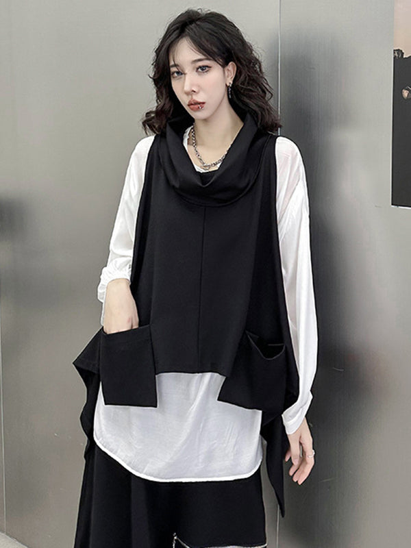 Irregularity Loose Pockets Solid Color Heaps Collar T-Shirts Vest Top