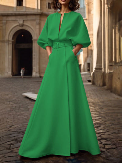 Half Sleeves Loose Belted Solid Color Deep V-Neck Maxi Dresses