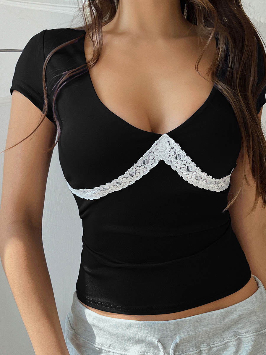 Short Sleeves Skinny Contrast Color Split-Joint Deep V-Neck T-Shirts Tops