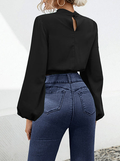 Long Sleeves Puff Sleeves Elasticity Hollow Knot Pleated Ruffled Mock Neck Blouses&Shirts Tops