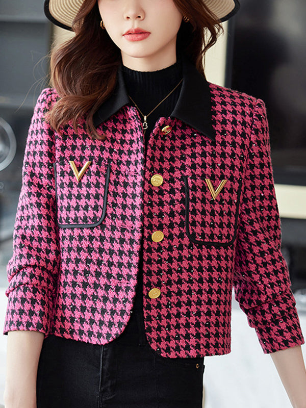 Long Sleeves Plus Size Buttoned Houndstooth Pockets Split-Joint Lapel Outerwear