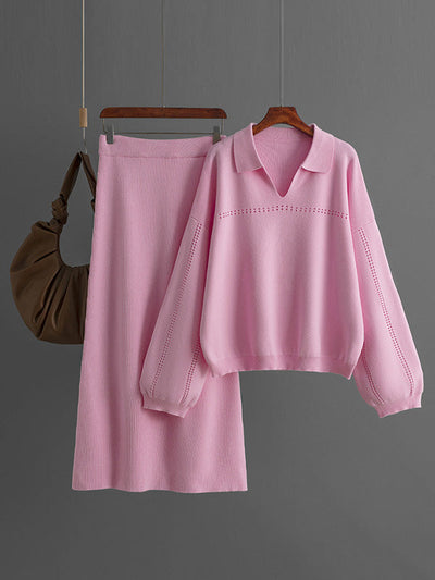 Loose Puff Sleeves Hollow Solid Color Sweater + Elasticity Skirt Two Pieces Set