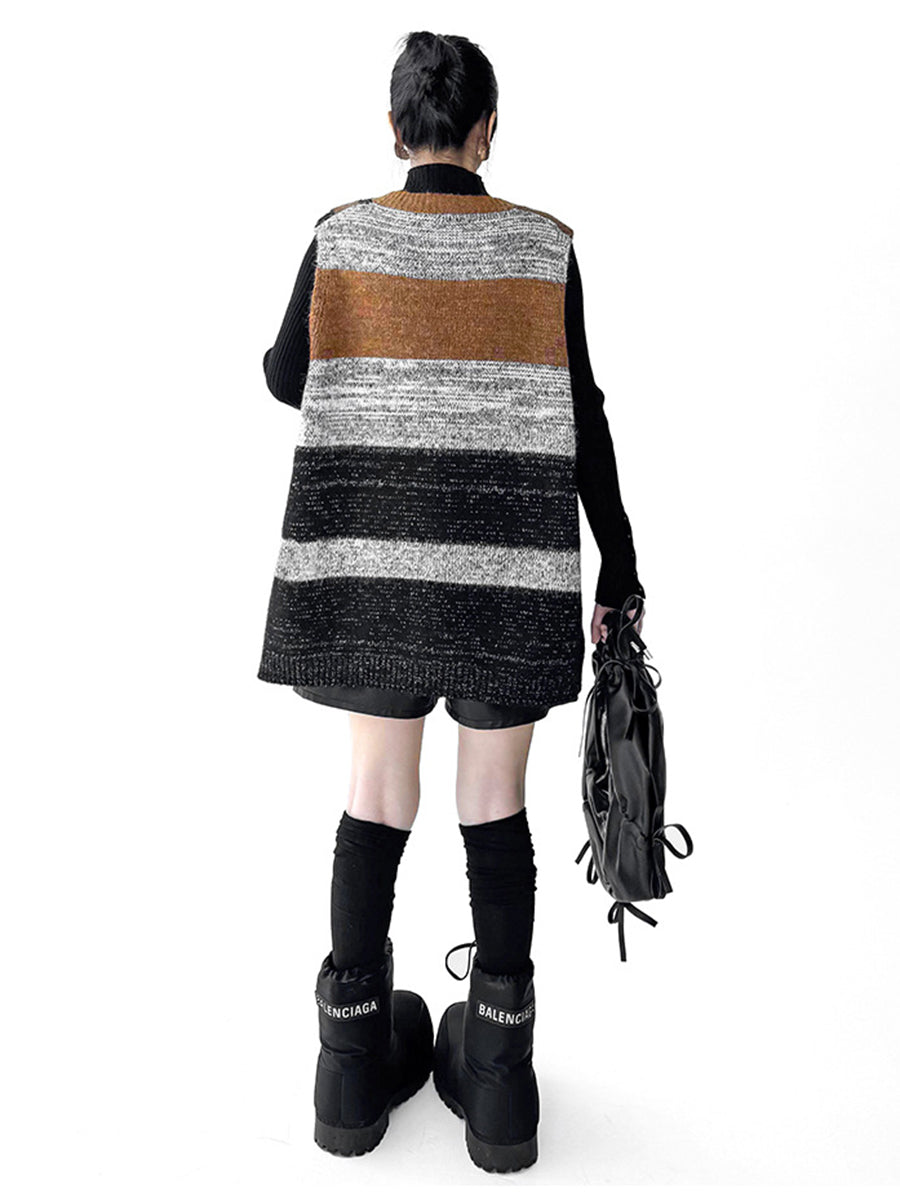 Loose Sleeveless Contrast Color Geometric Split-Joint Striped V-Neck Outerwear Vest Top