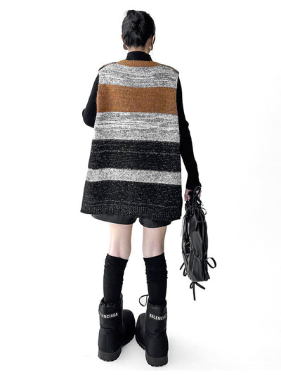 Loose Sleeveless Contrast Color Geometric Split-Joint Striped V-Neck Outerwear Vest Top