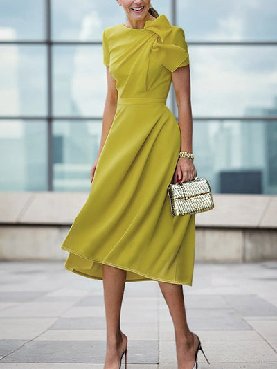 Loose Short Sleeves Pleated Solid Color Split-Joint Round-Neck Evening Dresses Midi Dresses