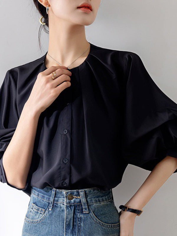 Half Sleeves Loose Buttoned Pleated Solid Color Round-Neck Blouses&Shirts Tops