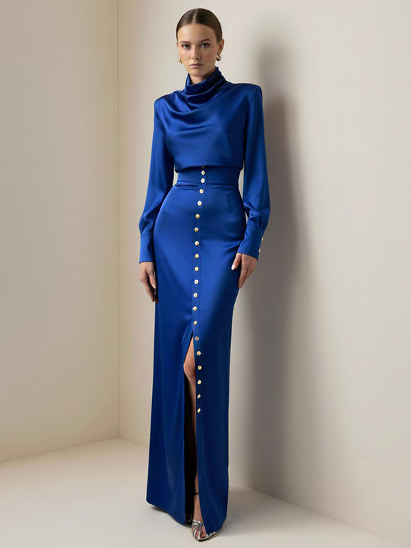 Split-Joint Heaps Collar Long Sleeves Pleated Blouses&Shirts Tops + Elasticated Waist Asymmetric Buttoned  Contrast Color Split-Side Zipper Skirts Bottoms Two Pieces Set