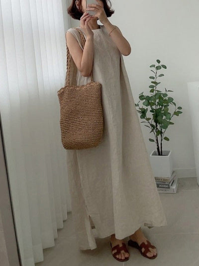 Casual Simple Solid Color Split-Side Round-Neck Sleeveless Midi Dress