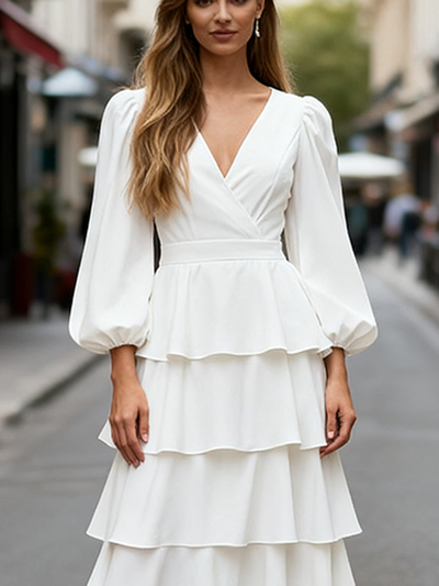A-Line High Waisted Layered Solid Color V-Neck Maxi Dresses