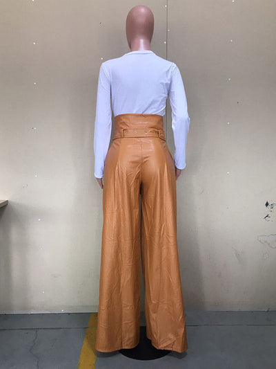 High Waisted Wide Leg Belted Solid Color Zipper Pants Trousers