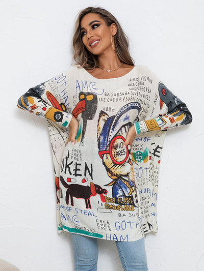 Casual Long Sleeves Loose Cartoon Printed Contrast Color Round-Neck Sweater Tops