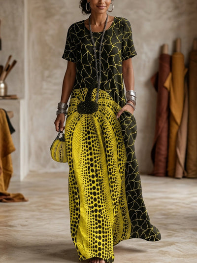 Loose Short Sleeves Contrast Color Pockets Printed Maxi Dresses