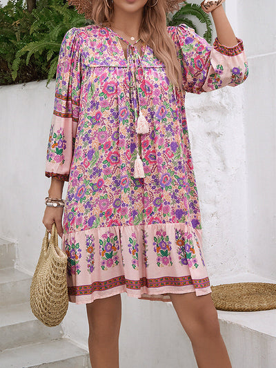 A-Line Loose Contrast Color Drawstring Flower Print Pleated Split-Joint V-Neck Mini Dresses