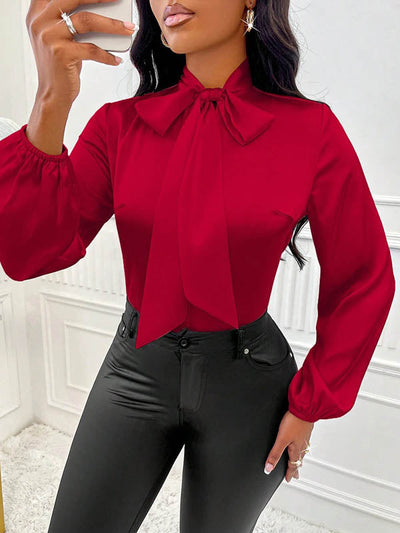 Long Sleeves Loose Bow-Embellished Pleated Solid Color Split-Joint Scarf Collar Blouses&Shirts Tops