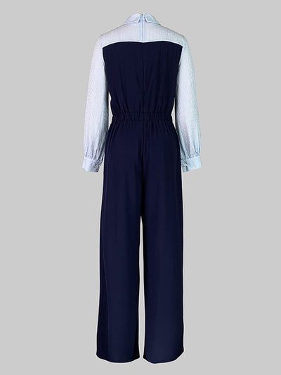 High Waisted Long Sleeves Buttoned Pleated Split-Joint Lapel Jumpsuits