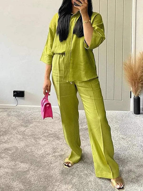 Loose Solid Color Split-Joint Split-Side Lapel Blouse + Elasticity Pleated Pants Trousers Two Pieces Set