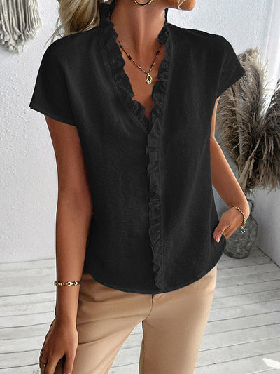 Loose Short Sleeves Ruffle Trim Solid Color V-Neck Blouses&Shirts Tops