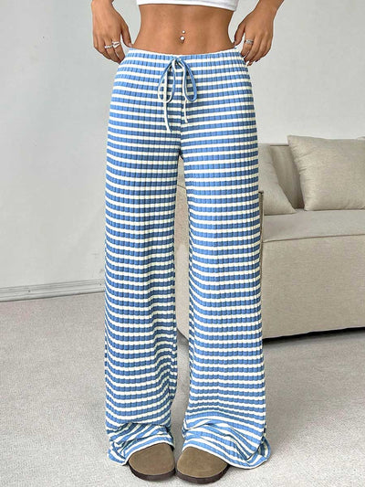 Elasticated Waist High Waisted Contrast Color Drawstring Split-Joint Striped Pants