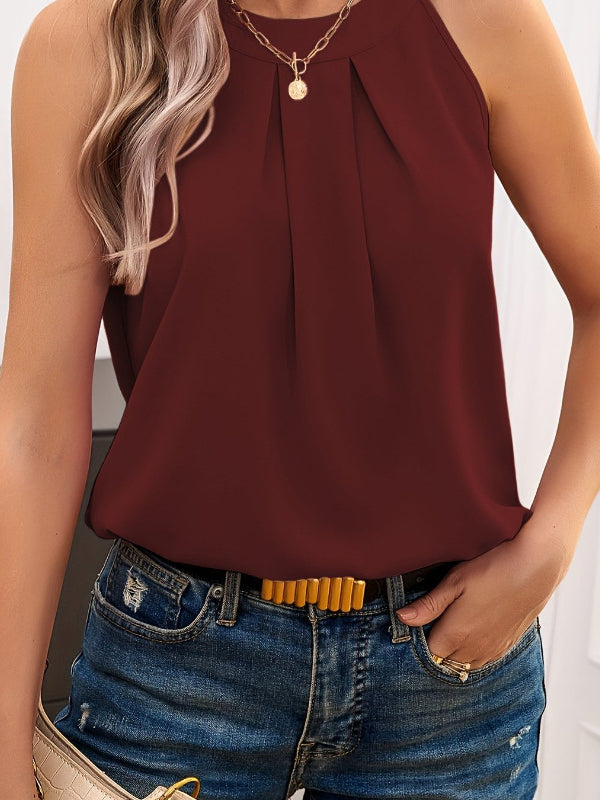 Loose Sleeveless Solid Color Split-Joint Round-Neck Vest Top