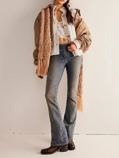 Long Sleeves Loose Buttoned Pockets Solid Color Split-Joint Stand Collar Cardigan Tops