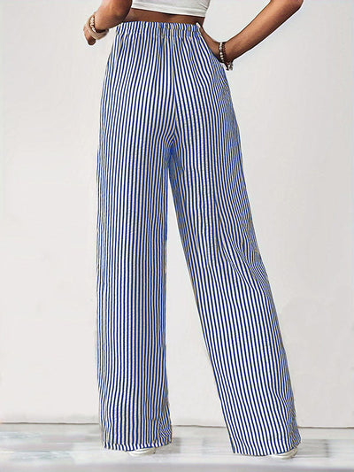 Loose Drawstring Elasticity Pockets Split-Joint Striped Pants Trousers