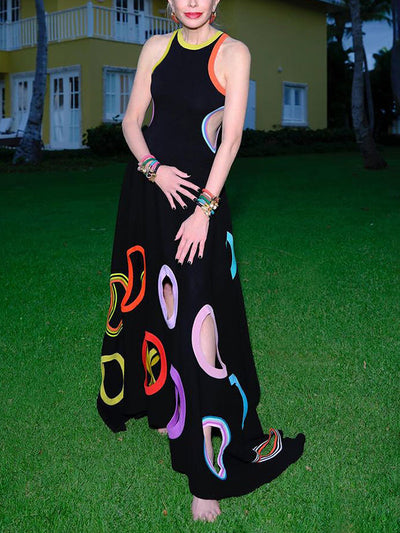 A-Line High Waisted Contrast Color Hollow Round-Neck Maxi Dresses