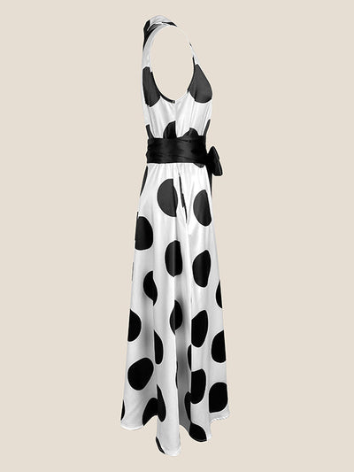 A-Line Sleeveless Polka-Dot Split-Joint Tied Waist Lapel Maxi Dresses Shirt Dress