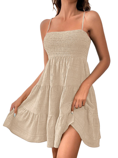 Elasticated Waist High Waisted Pleated Solid Color Split-Joint Spaghetti-Neck Mini Dresses