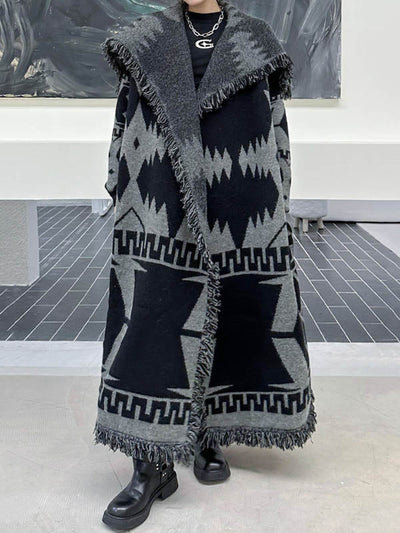 Long Sleeves Loose Contrast Color Geometric Split-Joint Tasseled Lapel Outerwear Overcoat