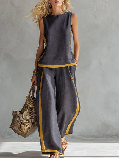 Contrast Color High Waisted Pants + Round-Neck Sleeveless Top Two Pieces Set