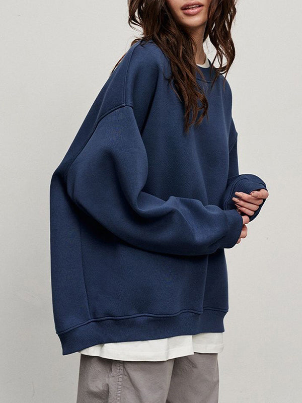 Long Sleeves Loose Solid Color Round-Neck Sweatshirt Tops