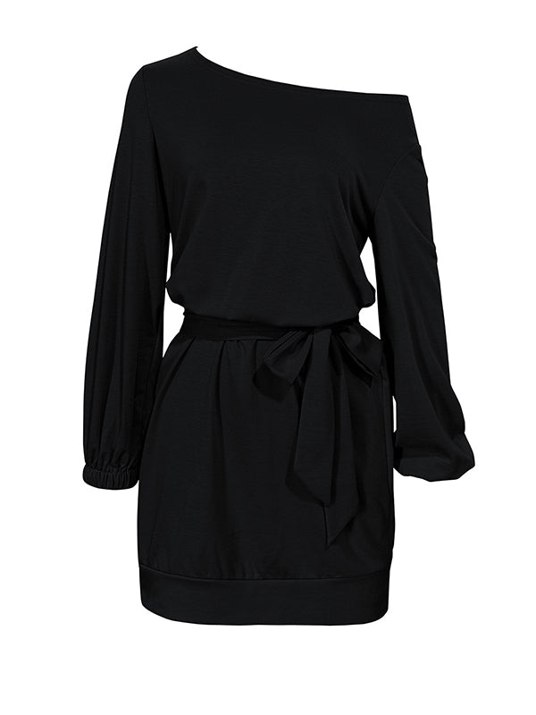 Long Sleeves Loose Elasticity Solid Color Tied Waist One-Shoulder Mini Dresses
