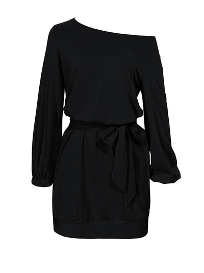 Long Sleeves Loose Elasticity Solid Color Tied Waist One-Shoulder Mini Dresses