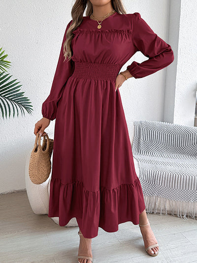 A-Line Elasticated Waist Pleated Solid Color Round-Neck Maxi Dresses