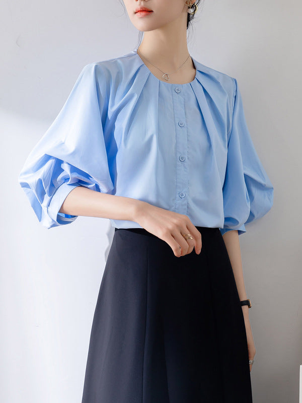 Half Sleeves Loose Buttoned Pleated Solid Color Round-Neck Blouses&Shirts Tops